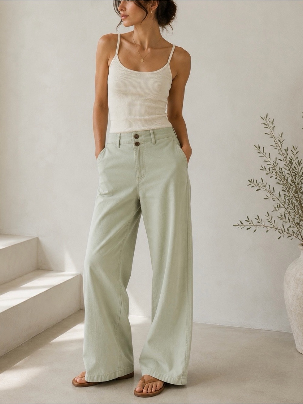 Pilcro Anthropologie Wide Leg Pants 
Sage Green Minimalist Lagenlook 
Size 32